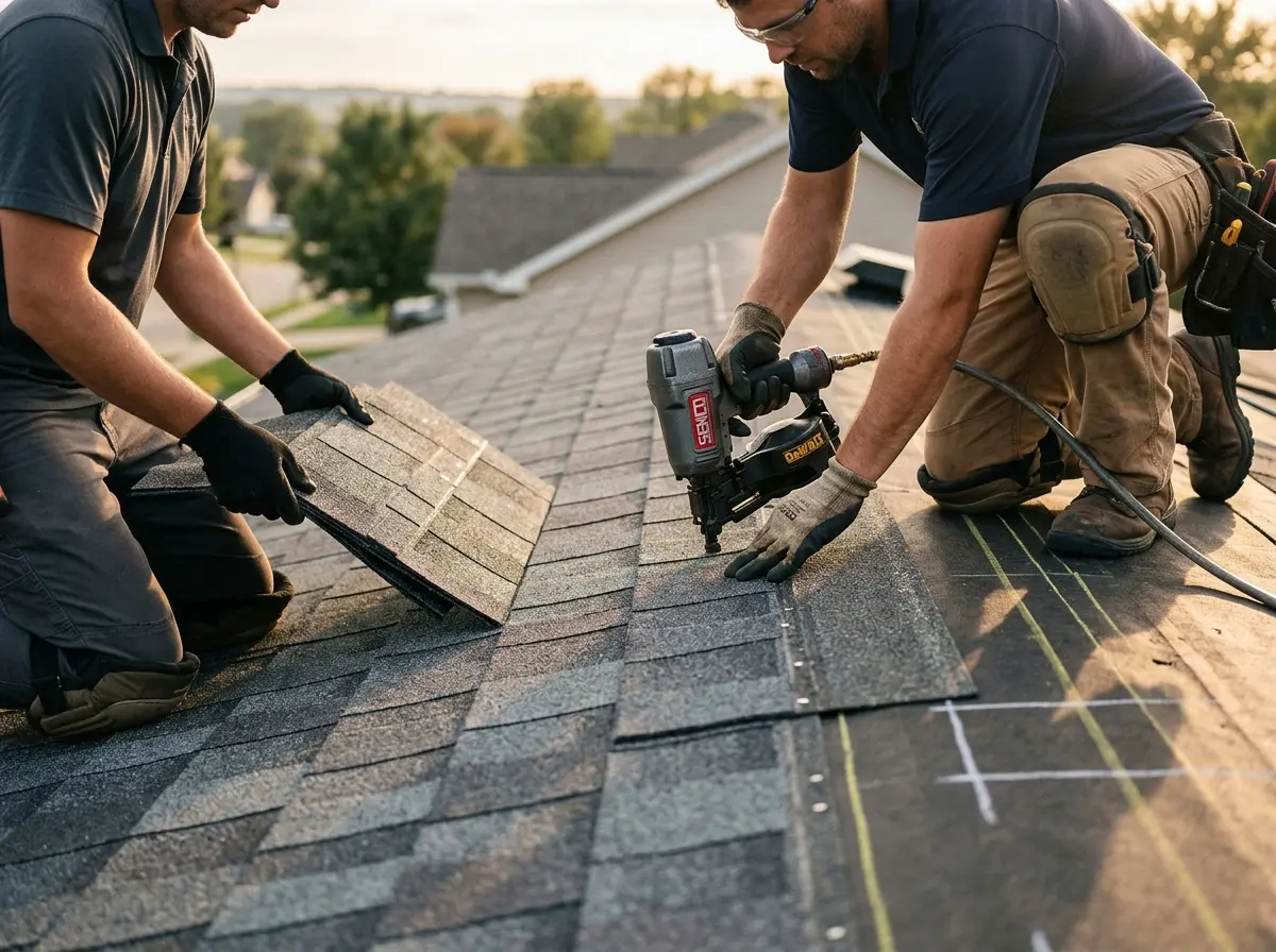 Professional roofer working on a residential roof in New Lenox